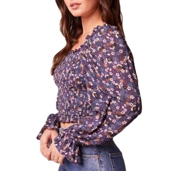 NWT BAND OF THE FREE Cropped Purple Floral Smocked Long Sleeve Blouse Sz XS - Picture 4 of 12